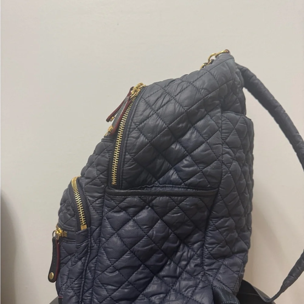 MZ Wallace Blue and Gold Quilted Backpack with Chain Accents - Picture 2 of 6